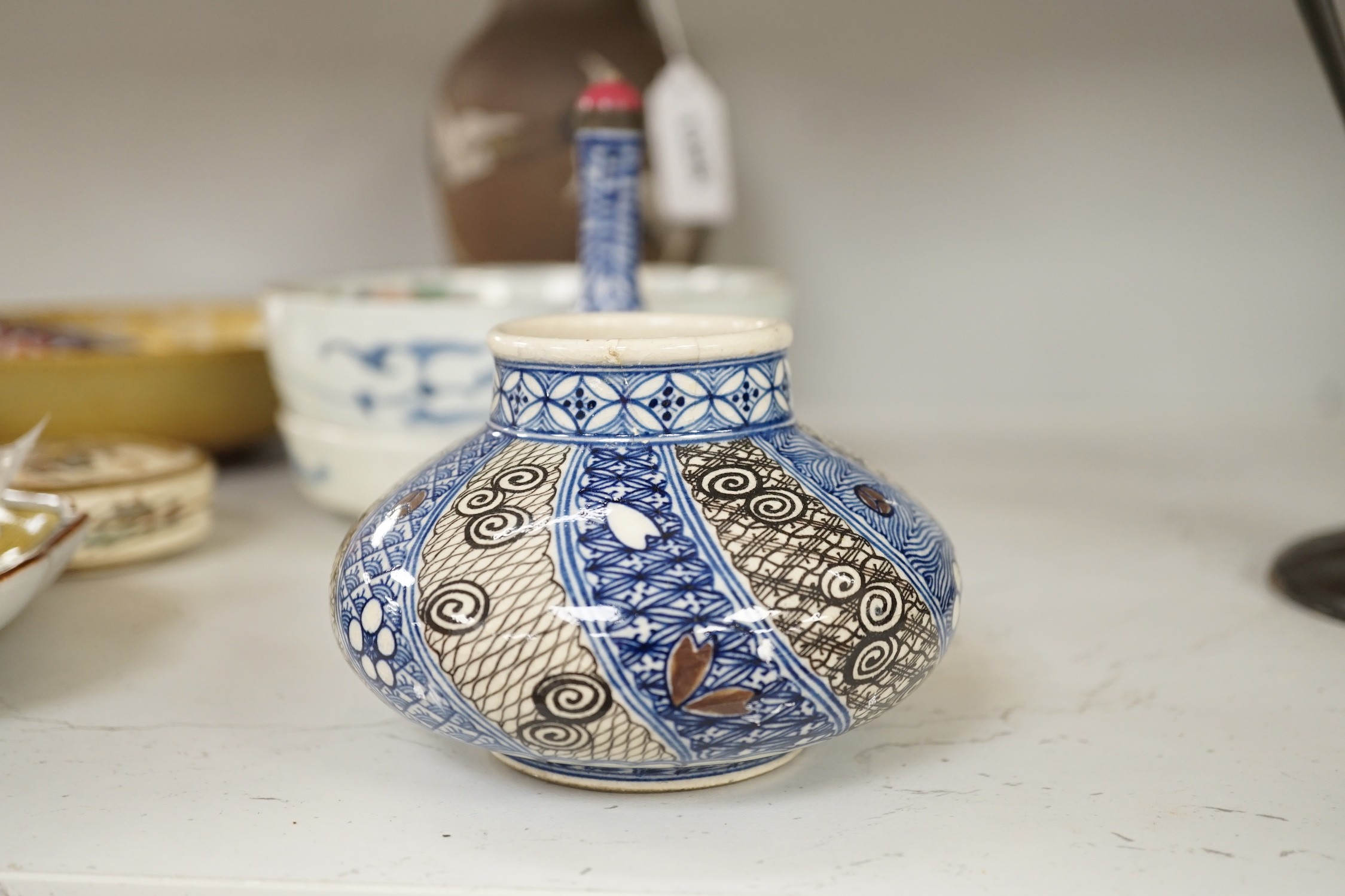 A group of 19th/20th century Japanese ceramics, Including five dishes, three vases, a cup, a Satsuma box and cover and a model of a dog